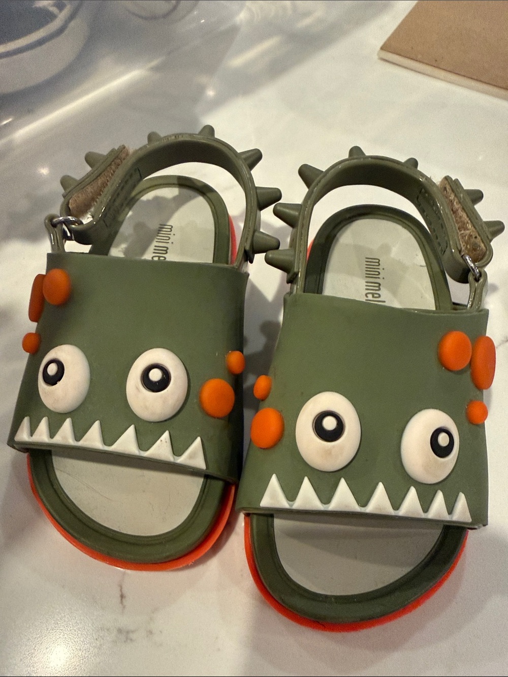 Mini Melissa Olive Green Monster Sandals with Orange Accents